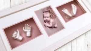 Babyprints Lanarkshire baby hands and feet casts in Pearl and pink colour combination